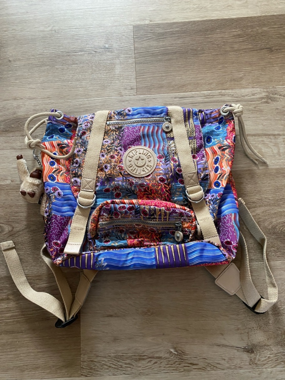 Kipling Multicolored Patchwork Canvas Backpack in Blue, Purple & Orange